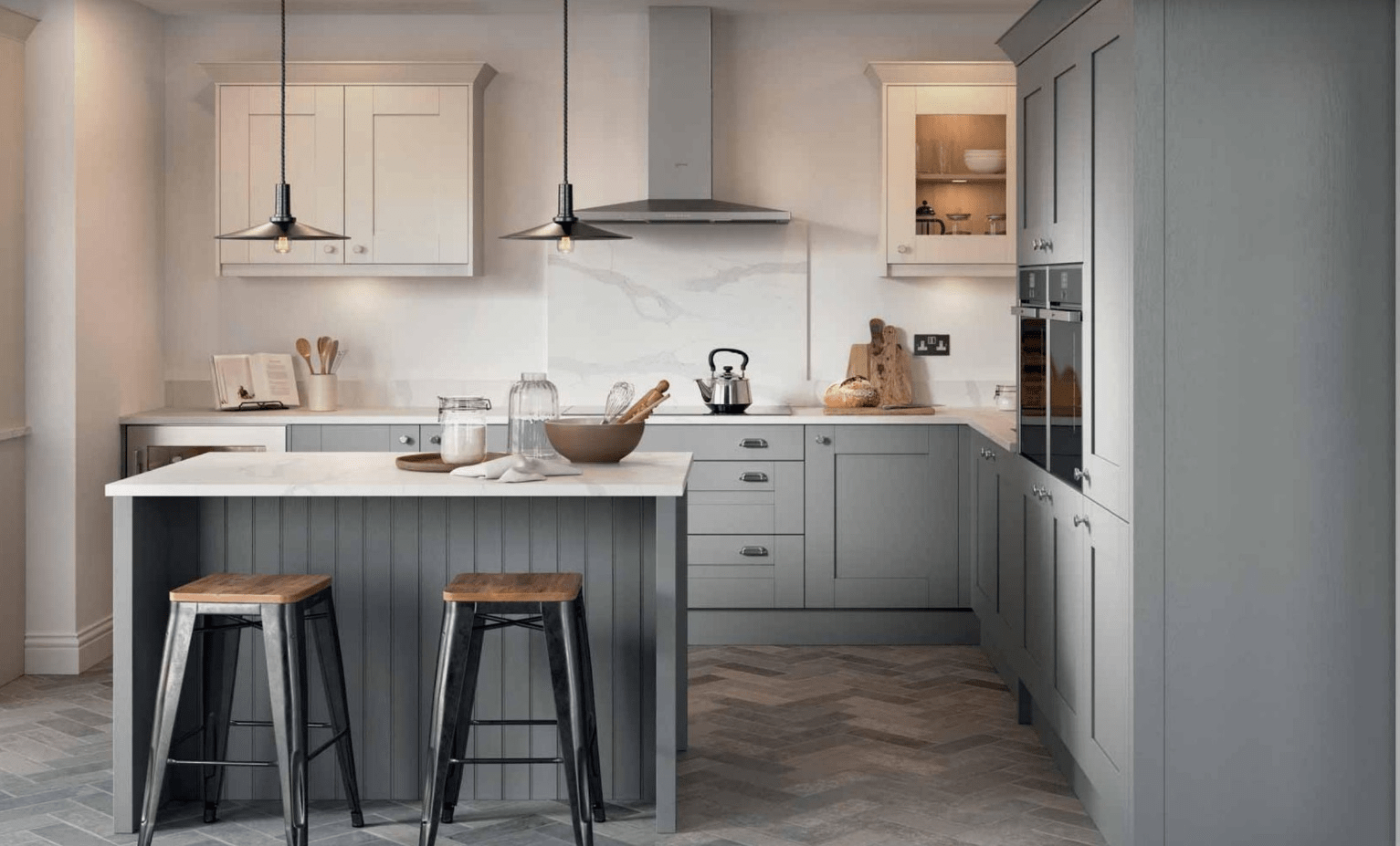 Kitchen with grey cabinets and white counter tops