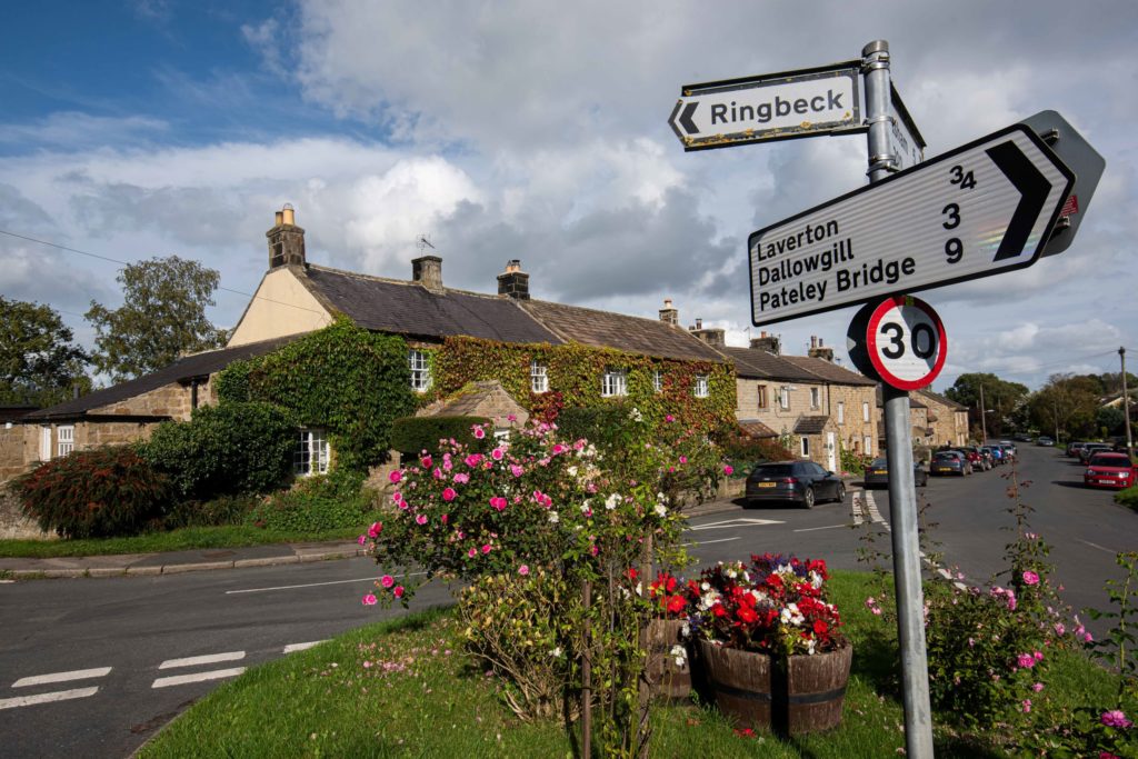 Village with road signs