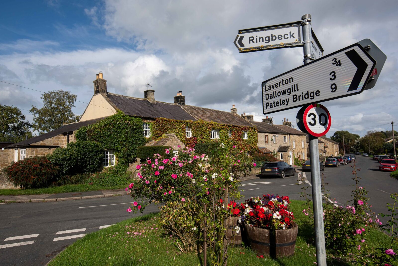 Village with road signs