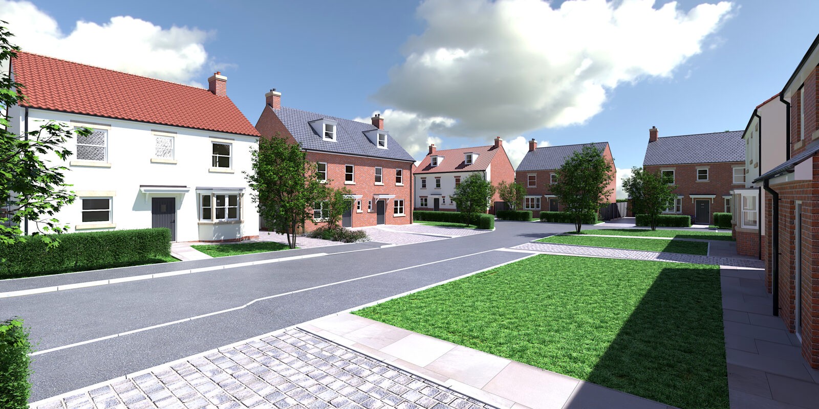 street view of semi detached and detached homes with front lawns
