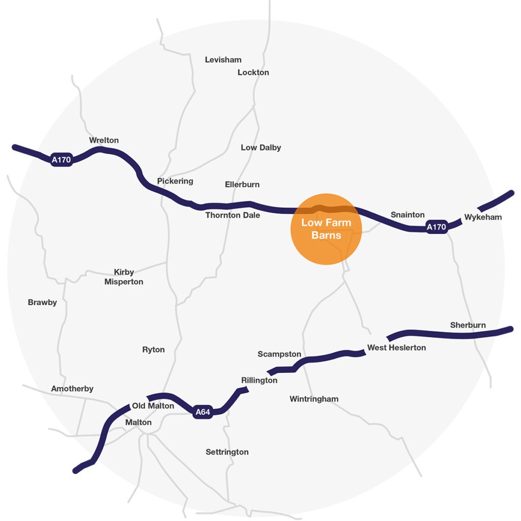 Wider area map highlighting where low farm barns is